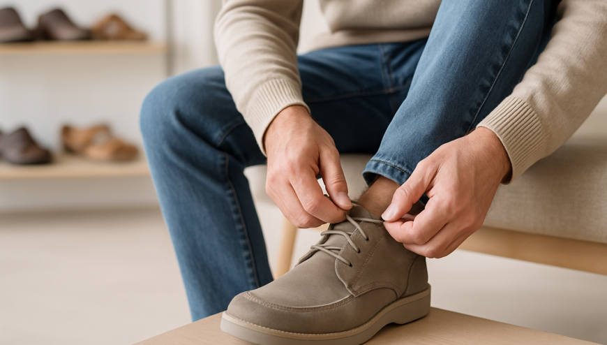Person trying on a comfortable shoe for standing for hours