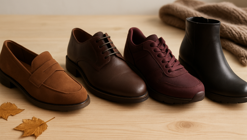 Several autumn shoes in different styles on a light wood surface.