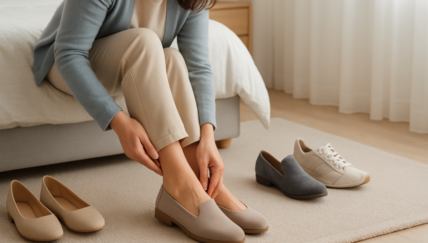 Mujer probándose unos zapatos cómodos en casa antes de elegir su talla y ajuste