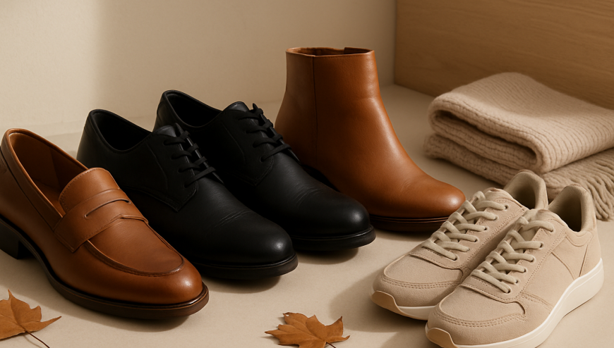 A selection of loafers, lace-up shoes, ankle boots and sporty footwear in neutral tones for autumn.