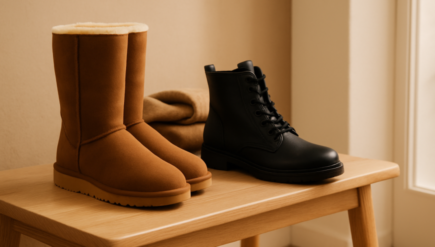 Botas y botines de invierno cómodos colocados en un recibidor junto a prendas de abrigo