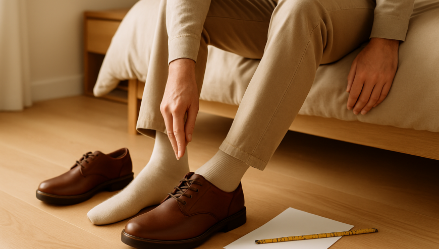 Person checking the fit and size of a casual shoe with a tape measure