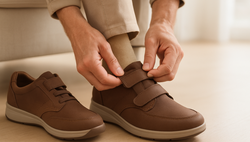 Person adjusting a comfortable Velcro shoe before buying it