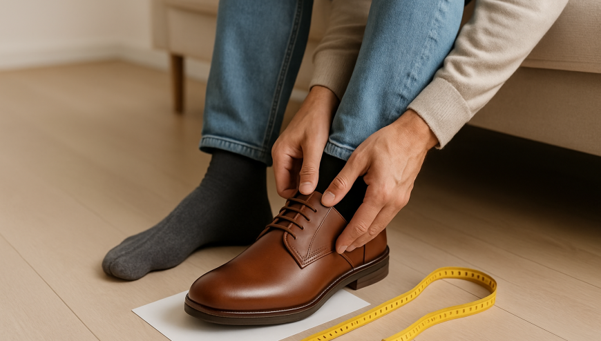 Persona che prova una scarpa e controlla la misura del piede a casa