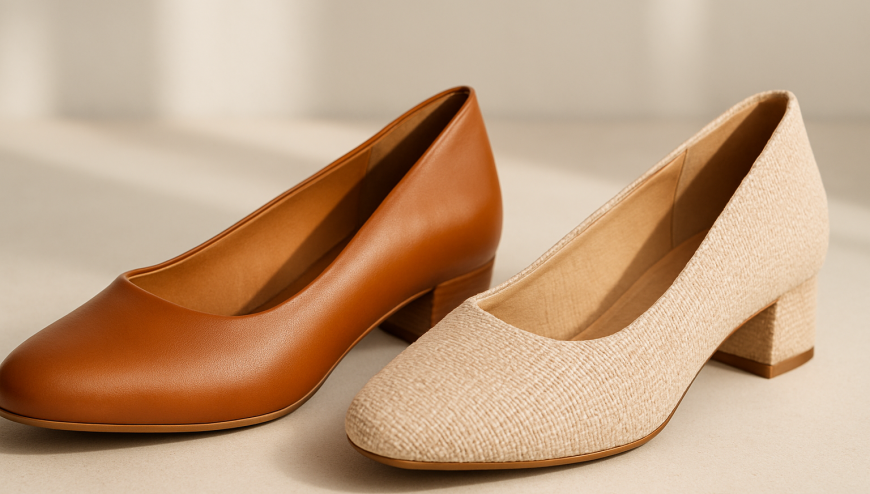 Leather shoe and textile shoe placed side by side to compare their materials