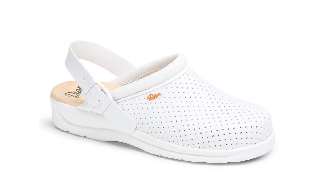 Zueco sanitario blanco con correa abatible en el talon